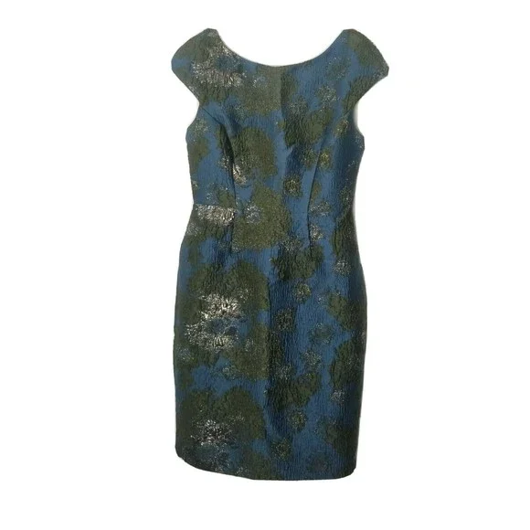 Vera Wang Brocade Dress Women Size 6 Dark Teal Green Metallic V-cut Back Lined - Picture 2 of 16